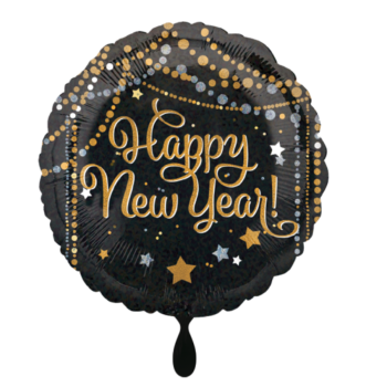 Folienballon - Happy new year, schwarz mit goldenen Elementen - ø 43cm